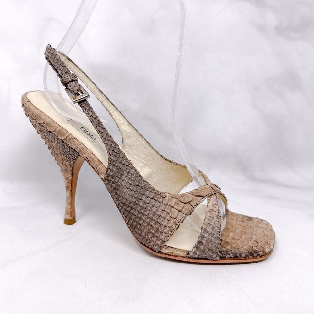 PRADA Vintage Y2K Leather Snakeskin Square Toe Slingback Sandal Heels 2000s 35.5